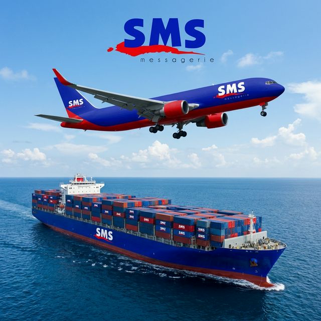 Livraison internationale SMS - Avion et bateau avec logo SMS