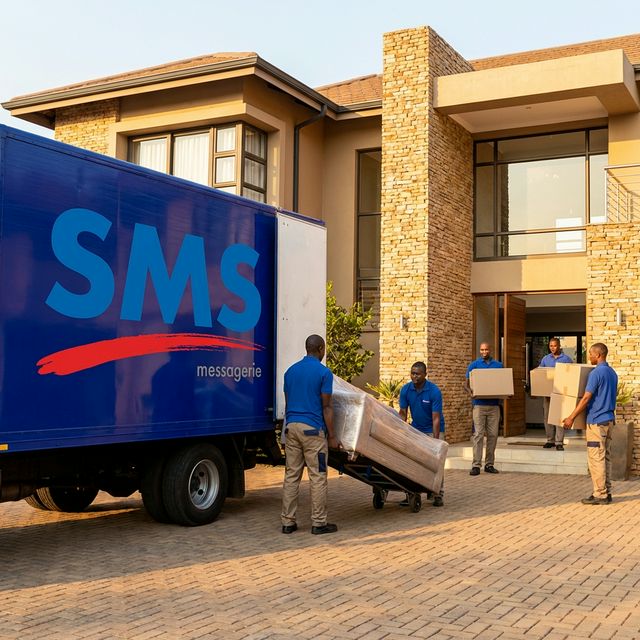 Déménagement professionnel SMS - Camion SMS et équipe chargeant meubles