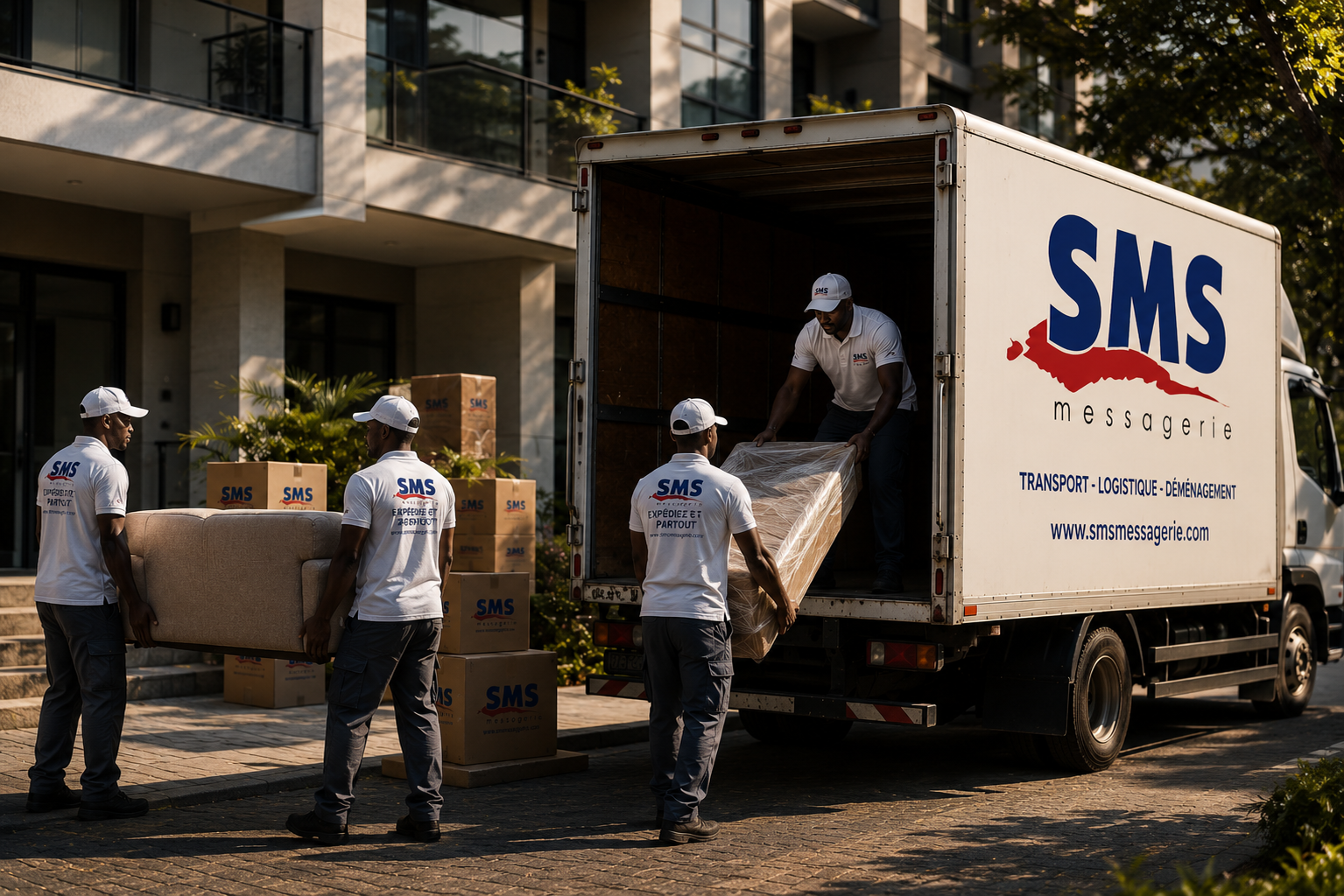 Déménagement professionnel SMS - Camion SMS et équipe chargeant meubles